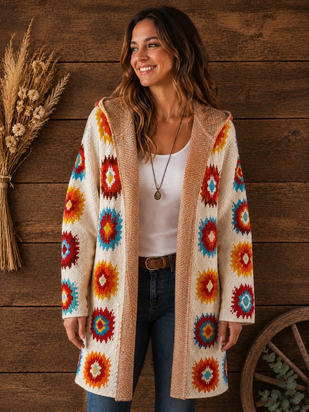 Sunburst Hooded Cardigan Sweater - Duster - Aztec